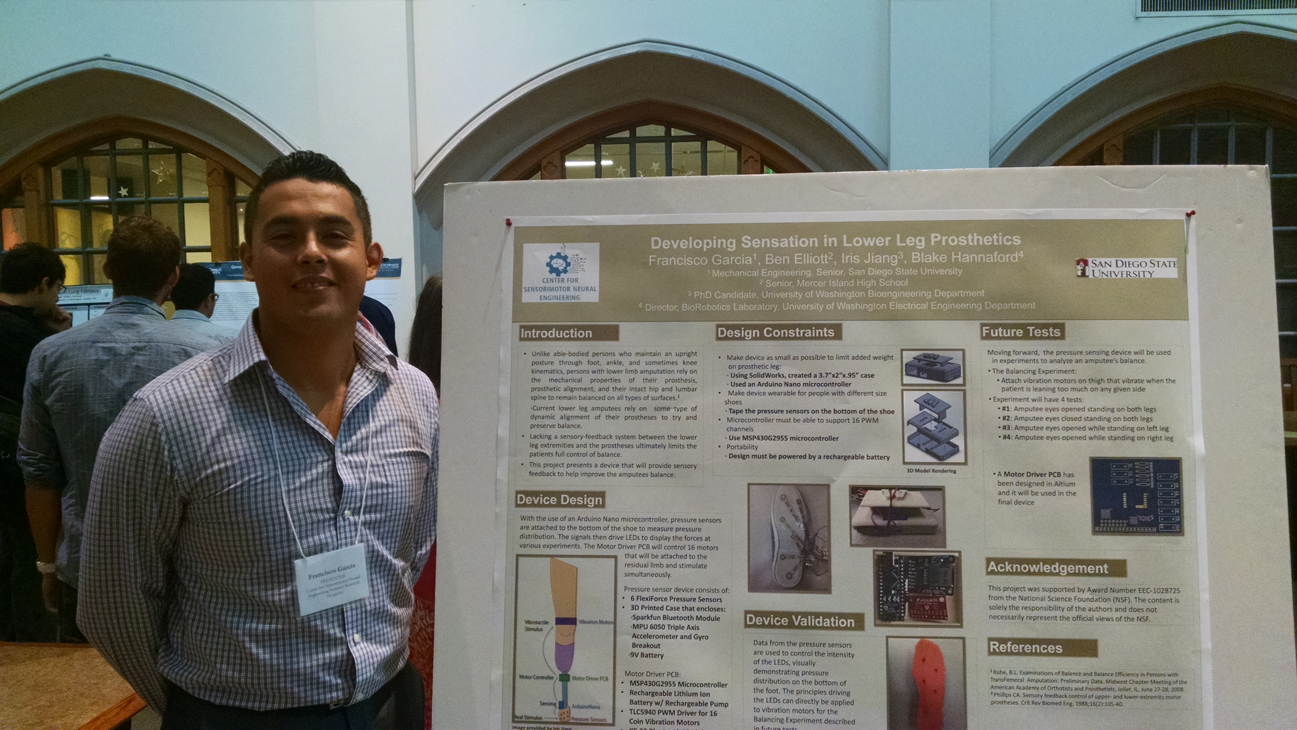 Francisco Garcia, an Mechanical Engineering Undergraduate from SDSU, spent the summer building a system to sense the pressure distribution across the foot in order to provide sensory feedback for prosthetic users.